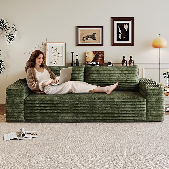 JINGLING 71" Small Couches for Small Spaces, Memory Foam Loveseat Corduroy Couch in a Box, Compressed Boneless Sofa for Living Room Bedroom, Apartment Furniture, No Assembly Required, Green