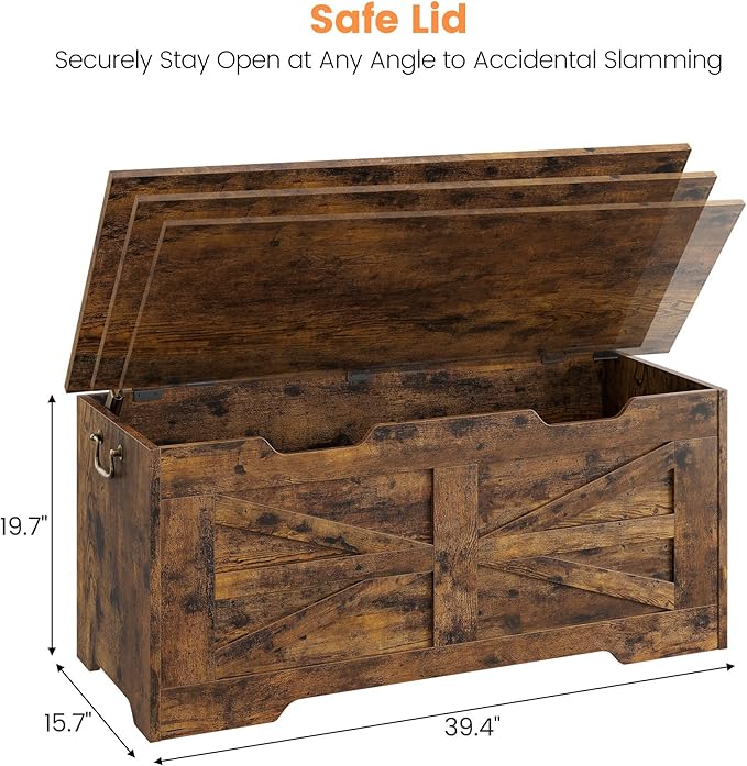 IDEALHOSUE 39.4" Storage Chest, Wooden Storage Bench with Safety Hinge, Retro Blanket Storage Trunk for Entryway, Living Room, Supports 350 lb, Rustic Brown