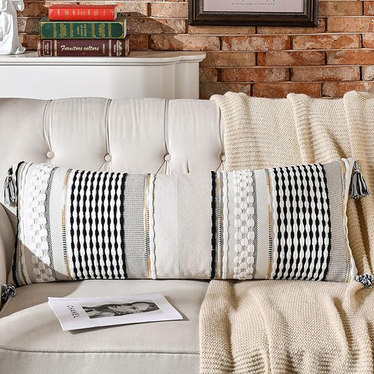 AmHoo Chenille Striped Textured Boho Throw Pillow Covers Aesthetic with Tassels Woven Decorative Pillow Case for Couch Bed Sofa Bedroom Modern Funky 14 x 36-Inch Black