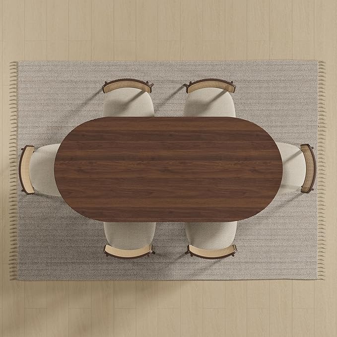 Casaphoria 67" Dining Table, Wicker Base Modern Kitchen Table for 4-6, Farmhouse Style with Oval Top & Wicker Base, Easy Assembly for Living Room, Kitchen, Walnut Wood