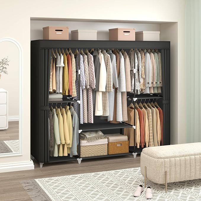 64.5" Closet Wardrobe, Portable Closet for Bedroom, Freestanding Clothes Rack with Non-Woven Fabric Cover, 5 Hanging Rods, 6 Storage Shelves, Clothes Storage Organizer, Black