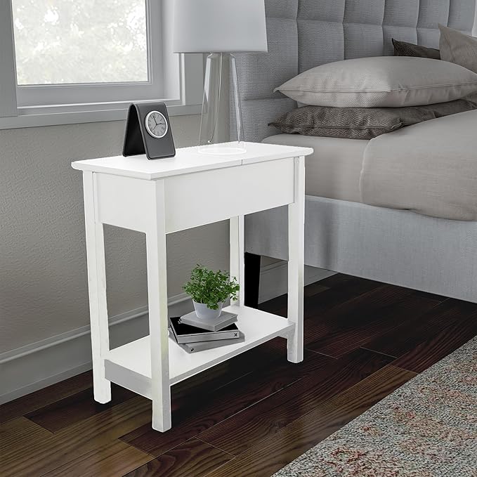 Lavish Home Flip-Top End Table - Slim Side Console with Hidden Hinged Storage Compartment and Lower Shelf - For Living Room or Hallway Use (White)