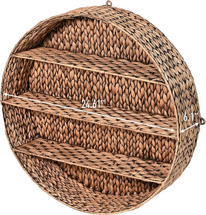 happimess WRK1000B Annulus 24.61" 3-Shelf Circular Handwoven Hyacinth Wall Rack, Bright Brown for Storage and Decoration in Bathroom, Bedroom, Living Room