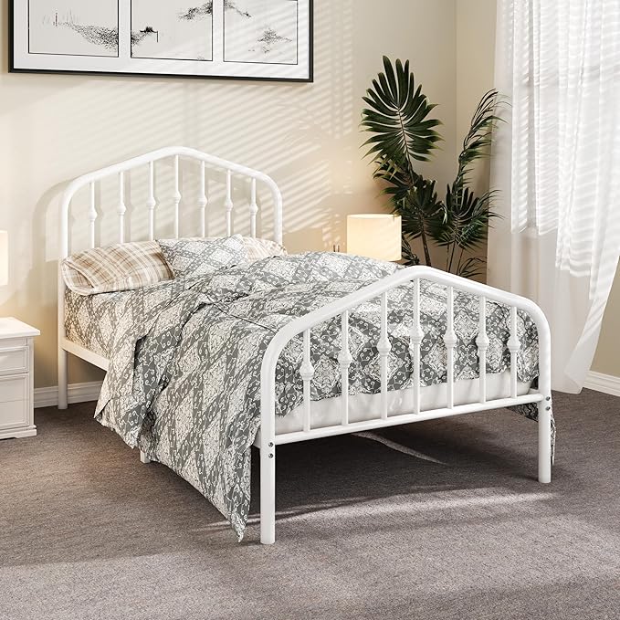 Allewie Twin Size Metal Platform Bed Frame with Vintage Headboard and Footboard, No Box Spring Needed, Easy Assembly, White