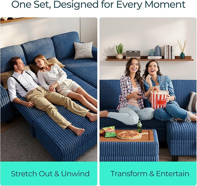 LINSY HOME Sectional Sleeper Sofa with Pull Out Couch Bed Convertible Plush Corduroy Cloud Couch with Storage Chaise & USB Charging, Comfy L Shaped Modular Couches for Living Room Apartment (Blue) | Pull Out Sofa Bed, Storage, USB Charging, Cup Holders...