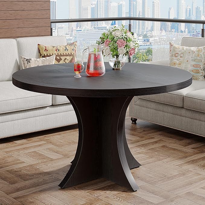 Tribesigns Round Dining Table for 4-6, 47.24-Inch Farmhouse Kitchen Table, Wood Dining Table with Pedestal Base, Small Dinner Table for Dining Room,Living Room, Small Space, Black