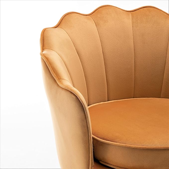 Velvet Barrel Accent Chair with Scalloped Silhouette and Gold Metal Legs, Decorative Piece Suitable for Traditional, Modern, and Contemporary Spaces, Mustard Yellow
