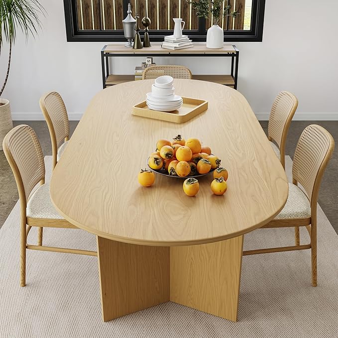 Casaphoria 67" Oval Dining Table, Modern Minimalist Wooden Kitchen Table with Sturdy V-Shaped Pedestal Base, Curved Edges Space-Saving Furniture for Dining Room & Living Space, Natural Wood