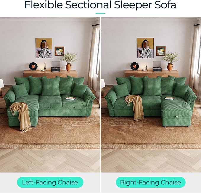 LINSY HOME 90.5'' Sectional Sleeper Sofa with Pull Out Couch Bed Modular (Green, 90.5'') | USB Charging, Pillow-style Armrest, Multiple Cushions, Storage Chaise, Corduroy Fabric