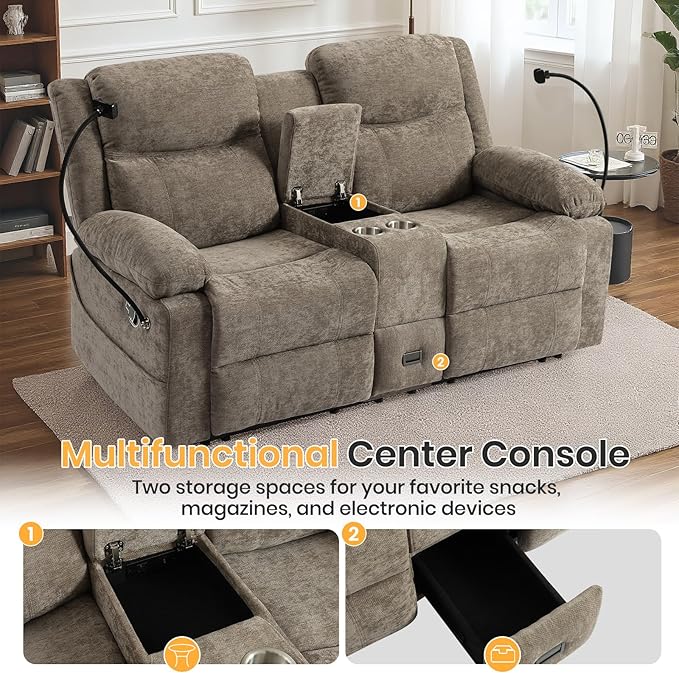 Loveseat Recliner Sofa, Reclining Loveseat with Console, RV Wall Hugger Double Loveseat Recliner Couch for Living Room & Home Theater (Chenille-Camel)