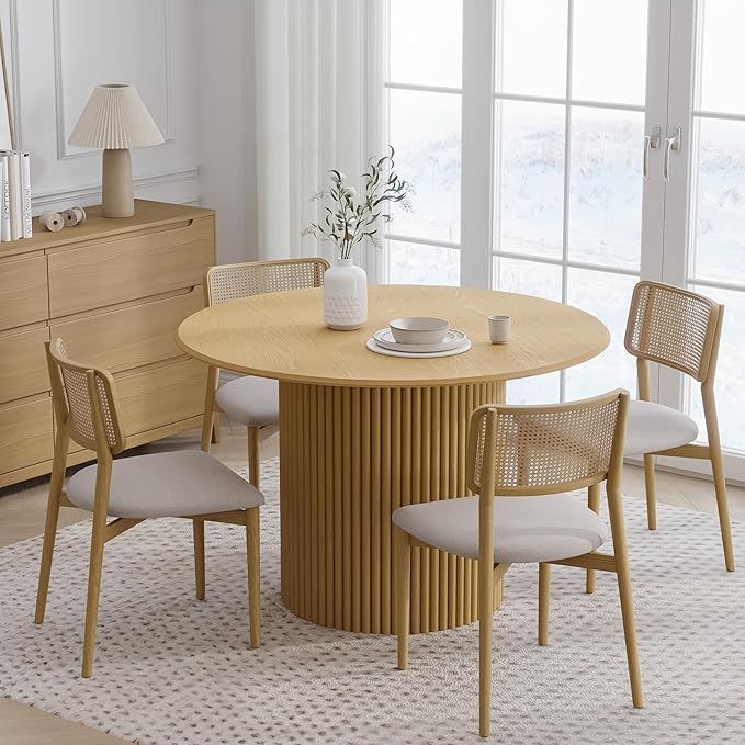 Casaphoria 46" Round Dining Table, Modern Wood Kitchen Table with Cylinder Stripe Base for Living Room & Dining Room, Easy Assembly Farmhouse Furniture for 4-6, Oak