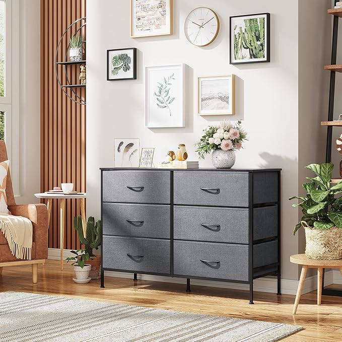 WLIVE Dresser for Bedroom with 6 Drawers, Wide Dresser TV Stand for 50 Inches TV, Gray Dresser with Metal Frame, Wooden Top, Fabric Dressers for Bedroom, Living Room, Hallway, Dark Gray