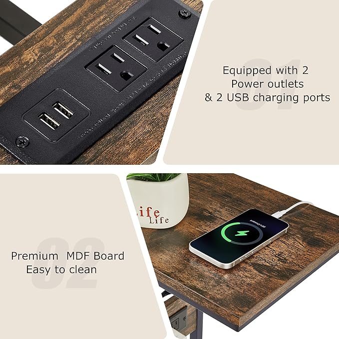 VECELO C-Shaped End Side Table Set of 2 with Charging Station & Two USB Ports and Outlets for Living Room, Bedroom, with Adjustable Feet for Couch/Sofa, Bedside, Small Spaces， Brown, 2