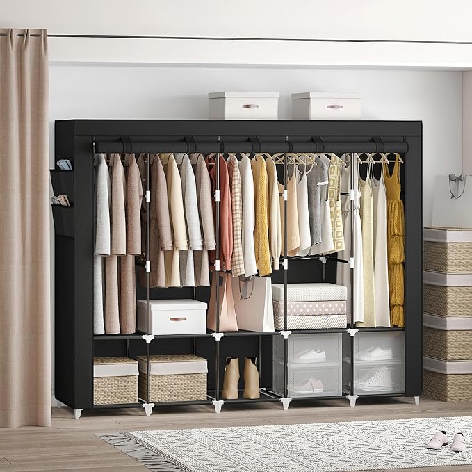 83" Extra Large Portable Closet Wardrobe, Heavy Duty Free-Standing Clothes Organizer with 10 Shelves, 5 Hanging Rods & 4 Side Pockets - Dustproof Fabric Cover, Black