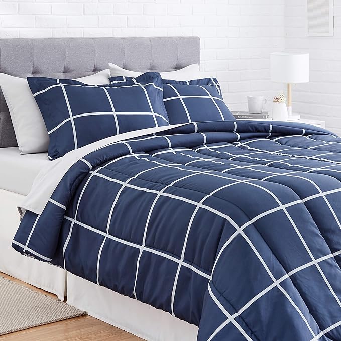 Amazon Basics Lightweight Microfiber Comforter Set with Sheets, 7-Piece, Bed-In-A-Bag, Full/Queen, Navy with Grey Plaid, Machine Washable