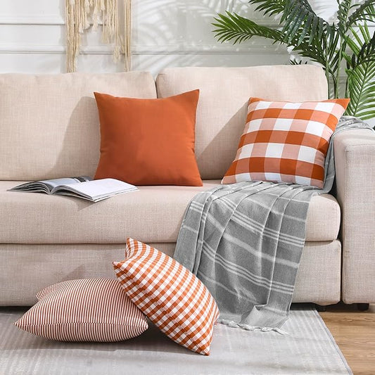 CARRIE HOME Burnt Orange Fall Striped Pillow Covers Boho Outdoor Throw Pillows 18x18 Set of 2 Fall Home Farmhouse Decor for Couch Sofa Bed