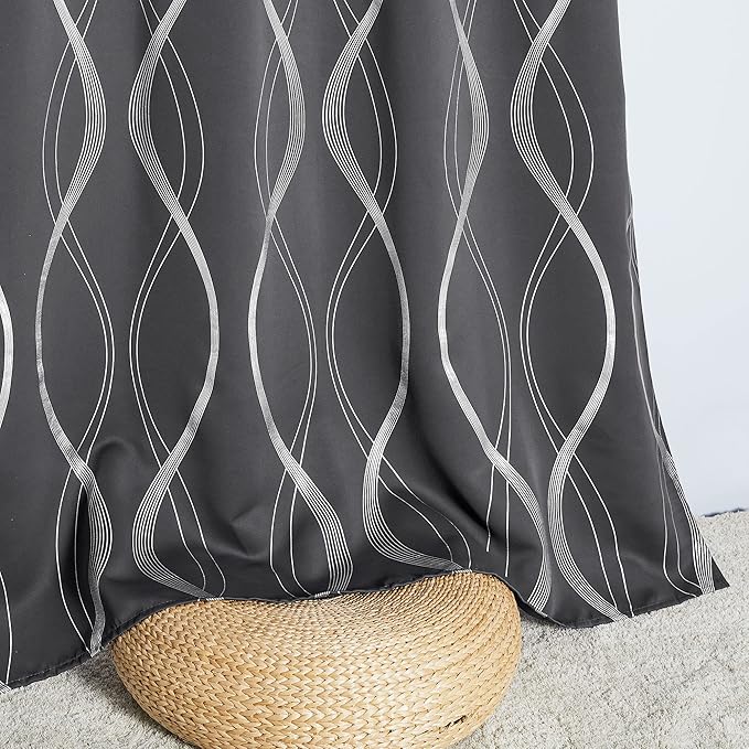 NICETOWN Extra Long Blackout Curtains for Large Window, Grey, 52" x 102", 2 Panels, Foil Printed Wave Lines Energy Saving Thermal Insulated Blackout Draperies for Kids Nursery Boys Bedroom
