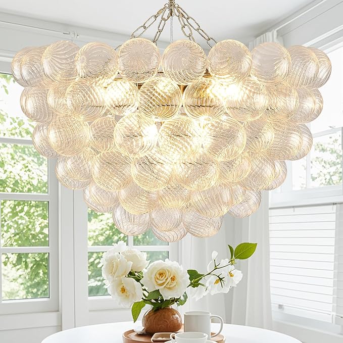 Bubble Chandelier for Dining Room, Dia 31.5" Gild Gold Brass Chandelier 10-Light Clear Ball Hand Blown Glass Chandeliers for Living Room Entryway Round Cluster Globe Chandeliers (G9 LED Base)
