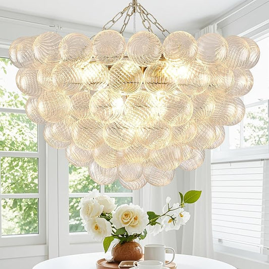 Bubble Chandelier for Dining Room, Dia 31.5" Gild Gold Brass Chandelier 10-Light Clear Ball Hand Blown Glass Chandeliers for Living Room Entryway Round Cluster Globe Chandeliers (G9 LED Base)