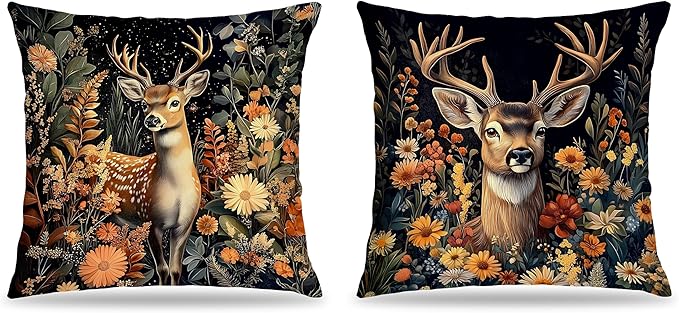 William Morris Inspired-Vintage Floral Deer Pillow Covers 18x18 Set of 2,Dark Cottagecore Decor,Aesthetic Rustic Wildflower Botanical Deer Decorative Pillow Covers for Home Living Room Bedroom