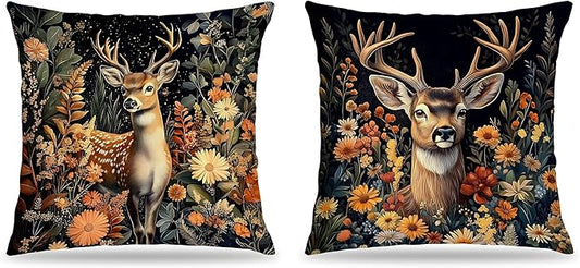 William Morris Inspired-Vintage Floral Deer Pillow Covers 18x18 Set of 2,Dark Cottagecore Decor,Aesthetic Rustic Wildflower Botanical Deer Decorative Pillow Covers for Home Living Room Bedroom