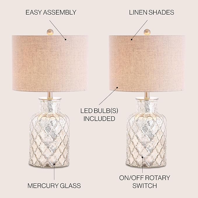 JONATHAN Y 24.5" Alvord Mercury Silver Quatrefoil Glass Table Lamp Set of 2, Contemporary Nightstand Lamps with Grey Linen Drum Shade, UL Listed, LED Bulbs Included JYL1075A-SET2