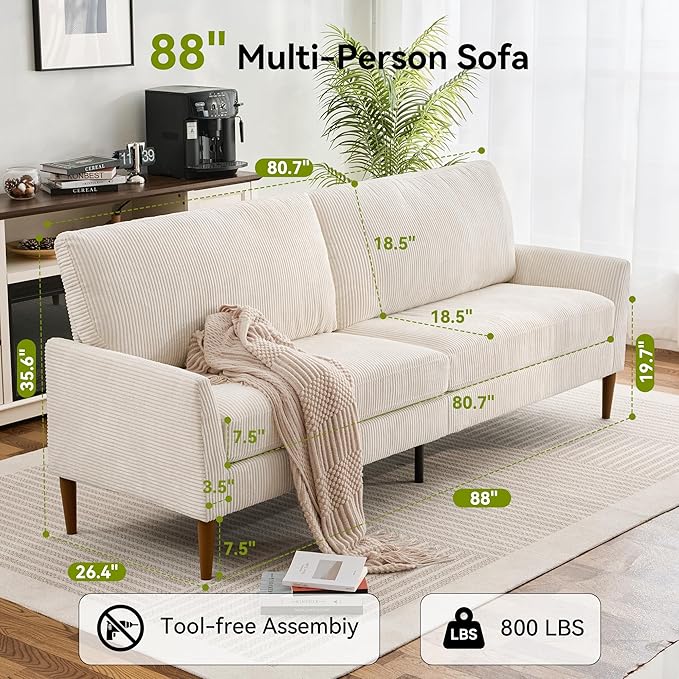 88" Loveseat Sofa, Comfy White Corduroy Couches for Living Room, Modern Oversized Love Seat Sofa, Tool-Free Setup Large Couches for Bedroom Office