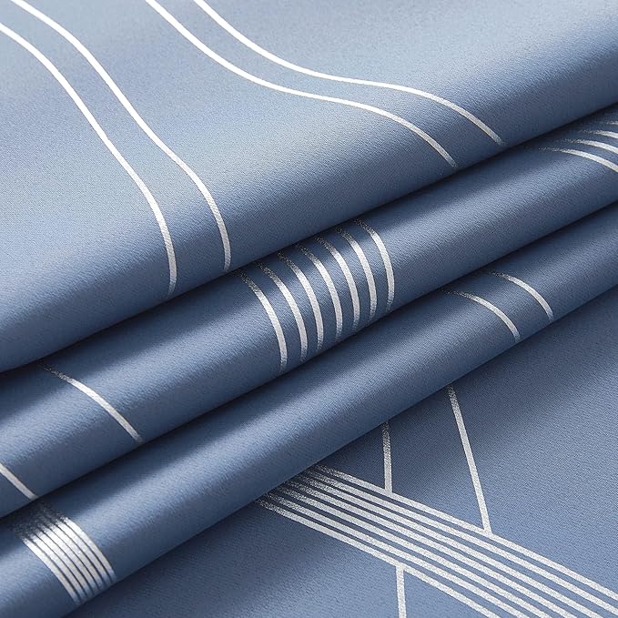 NICETOWN Stone Blue Blackout Curtains 90" Length 2 Panels Set for Living Room and Bedroom, 52" Wide, Foil Printed Wave Lines Energy Saving Thermal Insulated Draperies for Patio Hall Studio