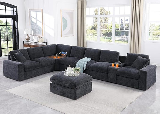 Ball & Cast 157" Oversized Modular L-Shaped Sectional Sofa,Large Chenille Upholstered Couch 8 Seat with Ottoman,Cup Holders&USB Ports,Comfty Sectionals W/Pillows&Storage Box,for Living Room,Dark Gray