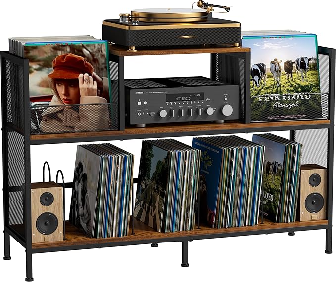 Large Vintage Record Player Table with 4 Adjustable Dividers, Vinyl Record Storage Cabinet for Up to 350 Albums, Medieval Turntable Stand for Living Room, Bedroom (Patent Pending)