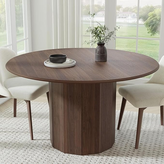 Casaphoria 52" Round Dining Table, Modern Wood Kitchen Table with Cylinder Polygonal Base for Living Room & Dining Room, Easy Assembly Farmhouse Furniture for 4-6, Walnut