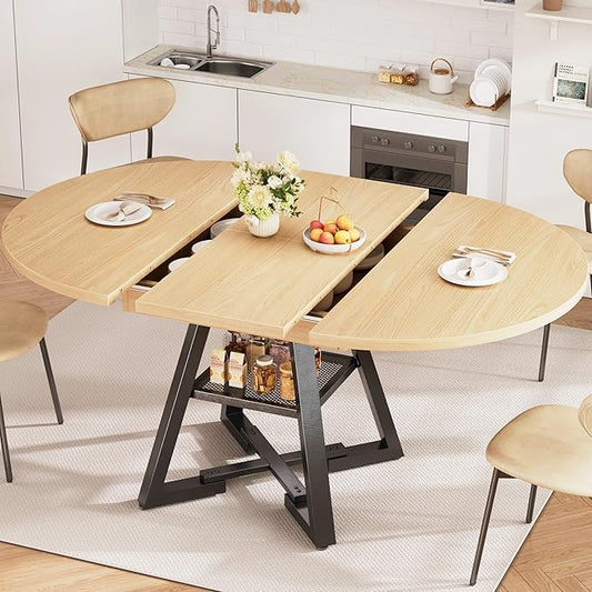 Round Dining Table Kitchen Dining Room Dinner Table for 4-6, Space Saving Extendable Oval Circle Furniture with Pedestal Base and Storage Shelf for Kitchen Living Room (Wood, for 6-8)