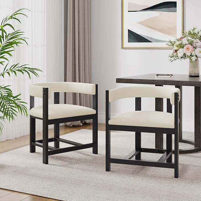 Christopher Knight Home Set of 2 Arley Modern Fabric Upholstered Dining Armchair, Sturdy Wooden Kitchen Side Chair with Ergonomic Backrest and Footrest, Soft Padded Barrel Accent Chair, Beige+Black