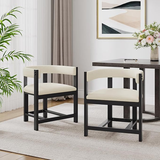 Christopher Knight Home Set of 2 Arley Modern Fabric Upholstered Dining Armchair, Sturdy Wooden Kitchen Side Chair with Ergonomic Backrest and Footrest, Soft Padded Barrel Accent Chair, Beige+Black