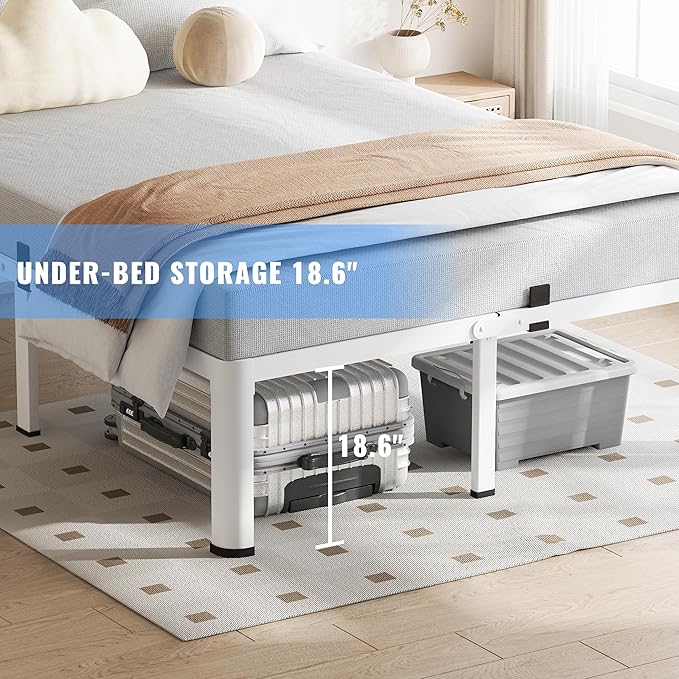 20 Inch Full Size White Bed Frame, 3500Lbs Heavy Duty Metal Platform with Round Corner Legs Mattress Slide Stopper, Steel Slat Support No Box Spring Needed, Noise Free, Non-Slip, Easy Assembly