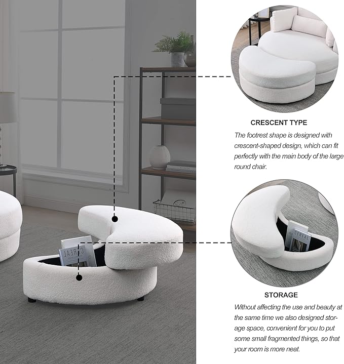 HomSof Swivel Accent Barrel Modern Sofa Lounge Club Big Round Chair with Storage Ottoman Linen Fabric for Living Room Hotel with Pillows，White