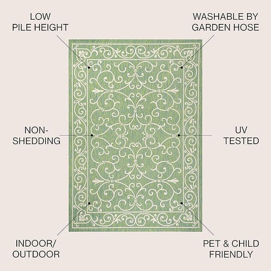JONATHAN Y Vintage Filigree Indoor Outdoor Area Rug 8X10 Green/Ivory, Charleston Textured Weave for Backyard, Patio, Porch, Easy-Cleaning, High Traffic, Pet-Friendly, Non-Shedding (SMB106K-8)