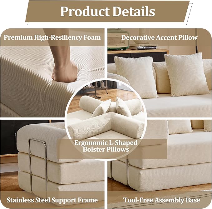 87'' Convertible Compressed Corduroy Folding Cloud Sofa Bed, Modern Modular Boneless Pull Out 3 Seater Sleeper in a Box, 5 in 1 Foldable Floor Mattress Couch, No Assembly Needed, Beige, Pillows, King