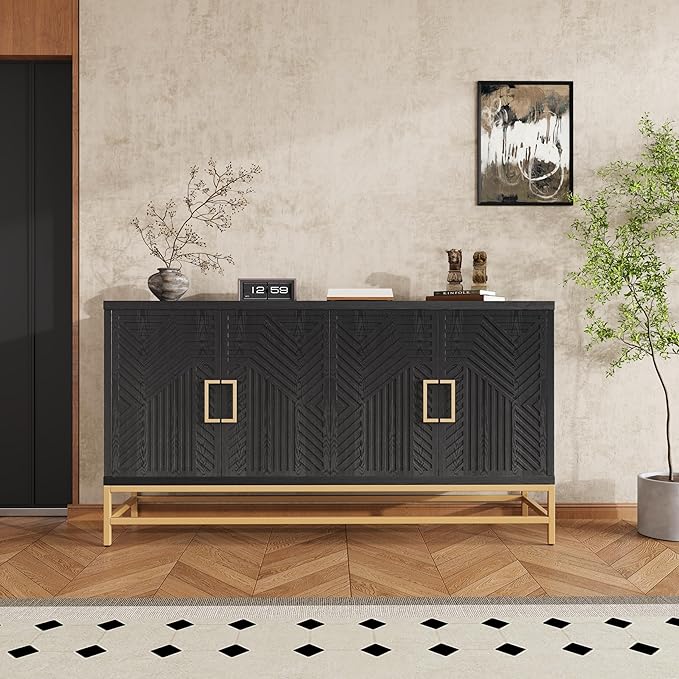 Ball & Cast 59.8" Sideboard Buffet Cabinet with Storage,Modern Coffee Bar Cabinet with 4 Doors and Adjustable Shelves,Wood Side Board Table with Gold Handles & Metal Legs for Living Room,Navy