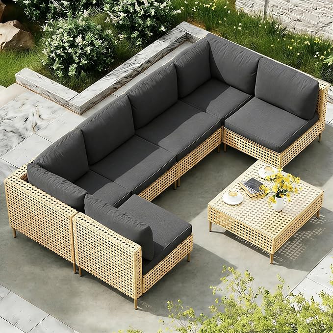 LHBcraft 7-Piece Wicker Outdoor Patio Furniture Set, Modular Rattan Outdoor Furniture, Patio Conversation Sets, Handmade Rattan, Water Resistant Fluffy Cushions and Coffee Table, Black