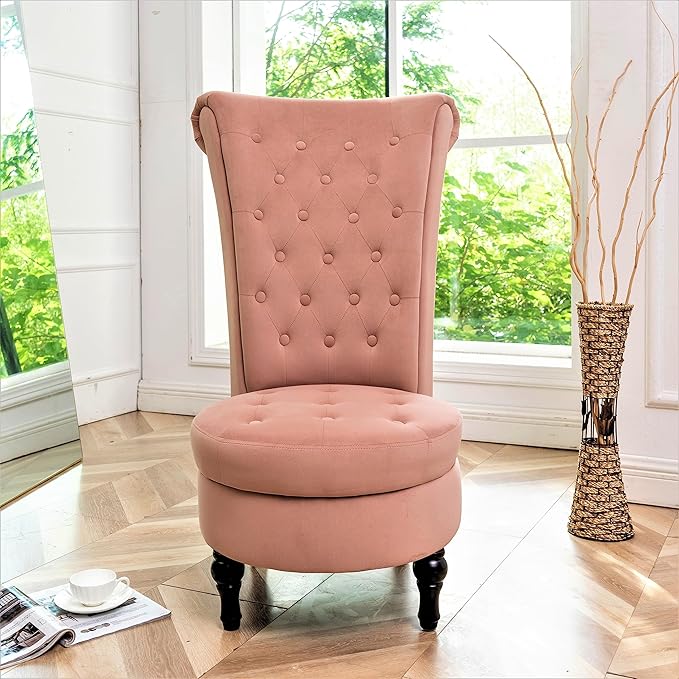 Royal High-Back Velvet Accent Chair for Vanity with Storage and Luxurious Upholstery, Retro Design and Versatile Usage for Living Room, Bedroom, Lounge and Office, Rose
