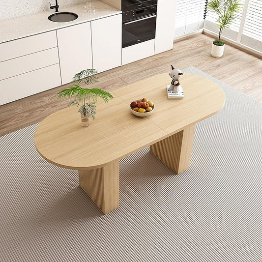 KEIKI 63" Oval Kitchen Table, Modern Farmhouse Kitchen Dining Table for 4-6, Large Round Pedestal Dining Table with Wood Strip Base, Waterproof Scratch Resistant Surface, Natural