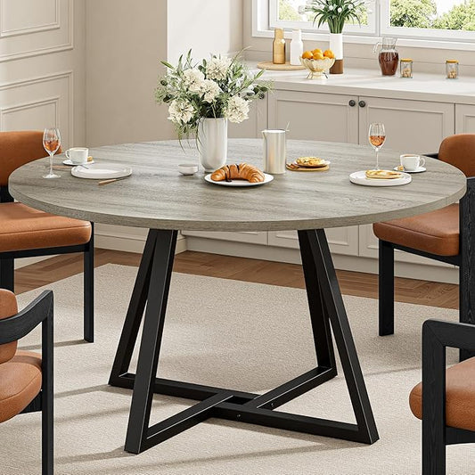 IRONCK 51" Round Dining Table for 6, Wood Kitchen Table with Metal Base, Space Saving Industrial Circle Dinner Table for Kitchen Dining Room, Gray
