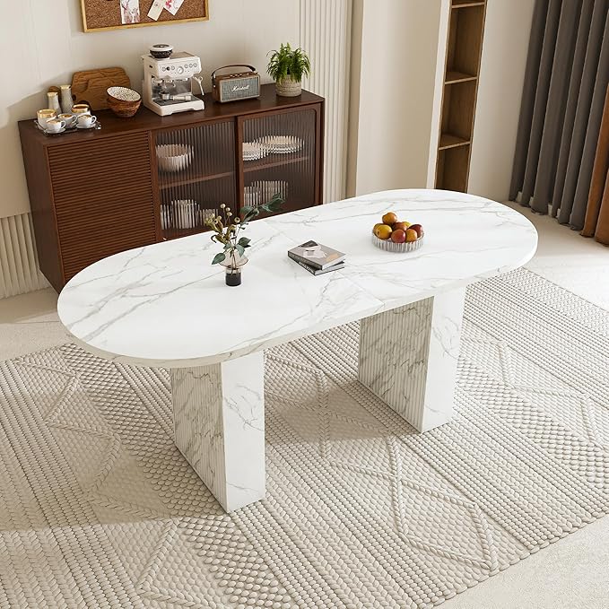 KEIKI 63" Oval Dining Room Table, Modern Farmhouse Dining Table for 6, Kitchen Table with Marble Top and Sturdy Wood Metal Base, Scratch Resistant Surface, White Marble
