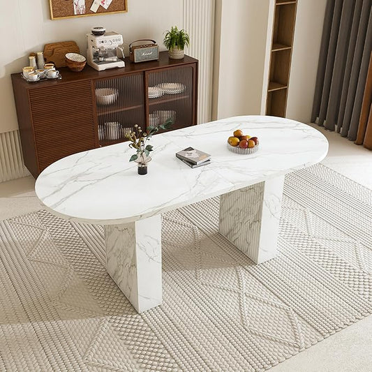 KEIKI 63" Oval Dining Room Table, Modern Farmhouse Dining Table for 6, Kitchen Table with Marble Top and Sturdy Wood Metal Base, Scratch Resistant Surface, White Marble