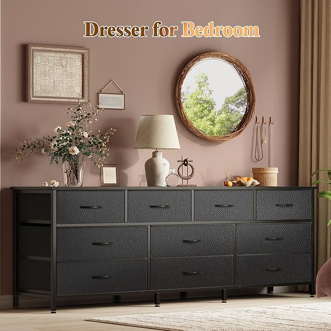 Huuger 63 Inch Dresser for Bedroom, Long Dresser with 10 Fabric Drawers, TV Stand for 55, 65, 70 Inch TV, Toy Storage Organizer for Closet, Black