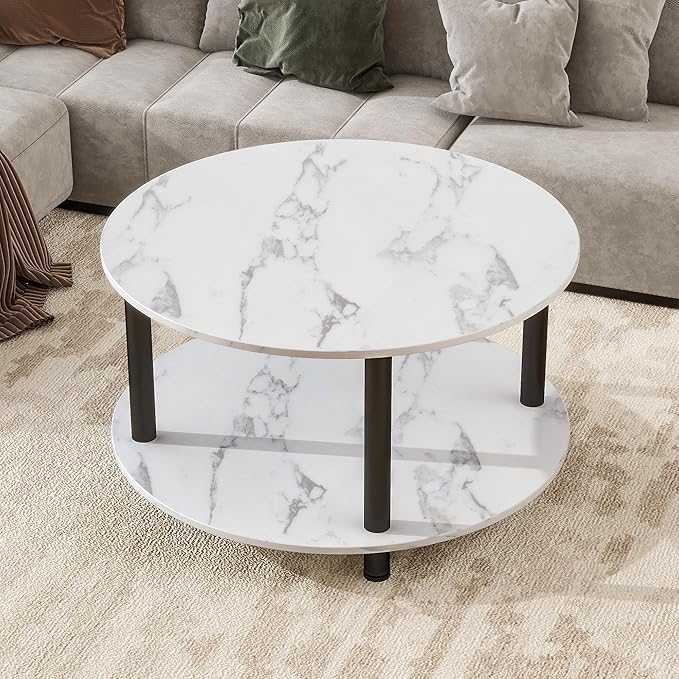 23.6" Round Coffee Table, 2-Tier Small Circle Coffee Table with Storage, Modern Center Accent Table with Metal Frame, Side Table End Table for Small Space, Living Room, Office, White