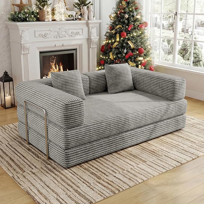 BSHOMGI 4 in 1 Futon Sofa Bed Queen Size - Foldable Convertible Sleeper Sofa Couch with L-Shaped Armrests Space Saving Floor Mattress for Bedroom & Dorm(Light Gray, 59” 2 Seat)