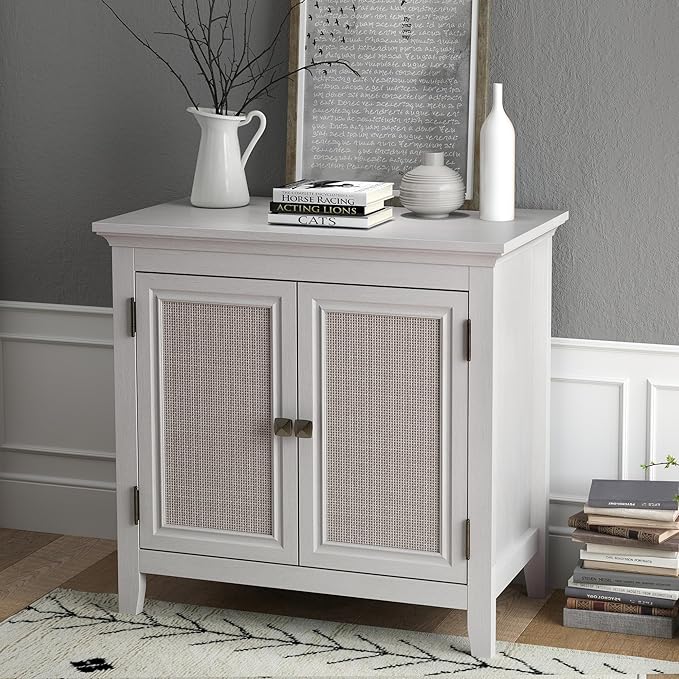 Rattan Storage Set of 2, Kitchen Sideboard Cabinet with Adjustable Storage Shelf, Accent Buffet Cabinet with Rattan Doors, Wood Cabinet Organizer for Dining Room, Living Room, White
