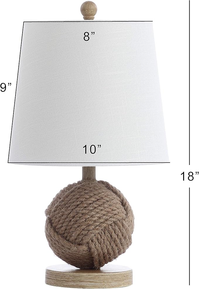 JONATHAN Y 18" Natural Monkey Fist Rope Ball LED Table Lamp, Coastal Nautical Iron and Rope Accent Lamp for Living Room Bedroom, White Linen Shade, LED Bulb Included JYL6500A